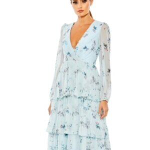 Mac Duggal Ruffle Tiered Floral Print Illusion Long Sleeve Gown Size 18 NWT